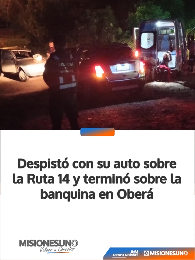 Despistó con su auto sobre la Ruta 14 y terminó sobre la banquina en Oberá